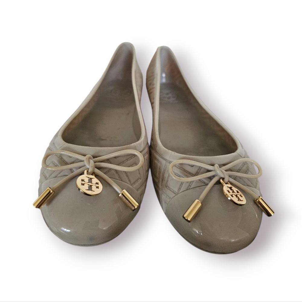 Tory Burch Jelly Taupe Bow Tie Golden Logo Accents Rubber Ballet Flats Sz 6M